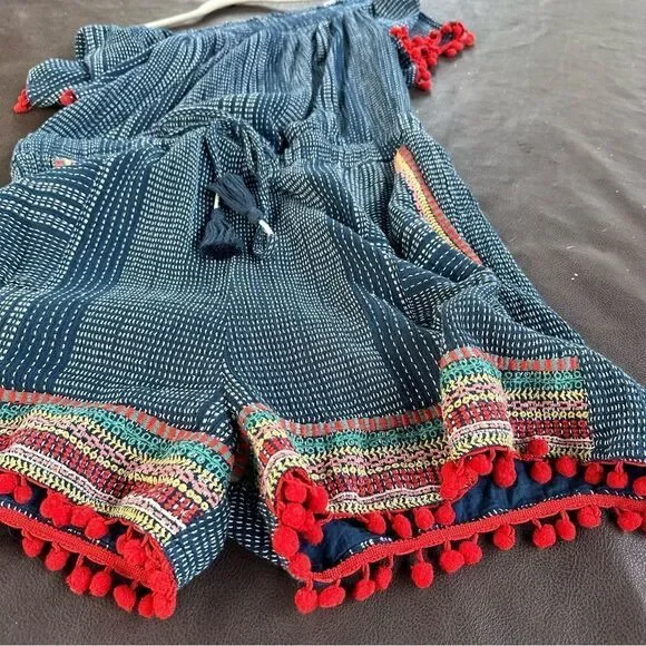 ANTHRO blue romper off the shoulder with embroidery red pompoms sz Large - Picture 5 of 13